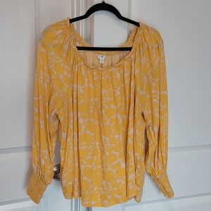 Terra & Sky Women's Plus Size Woven Top Yellow & White Smocked cuffs Size 2X